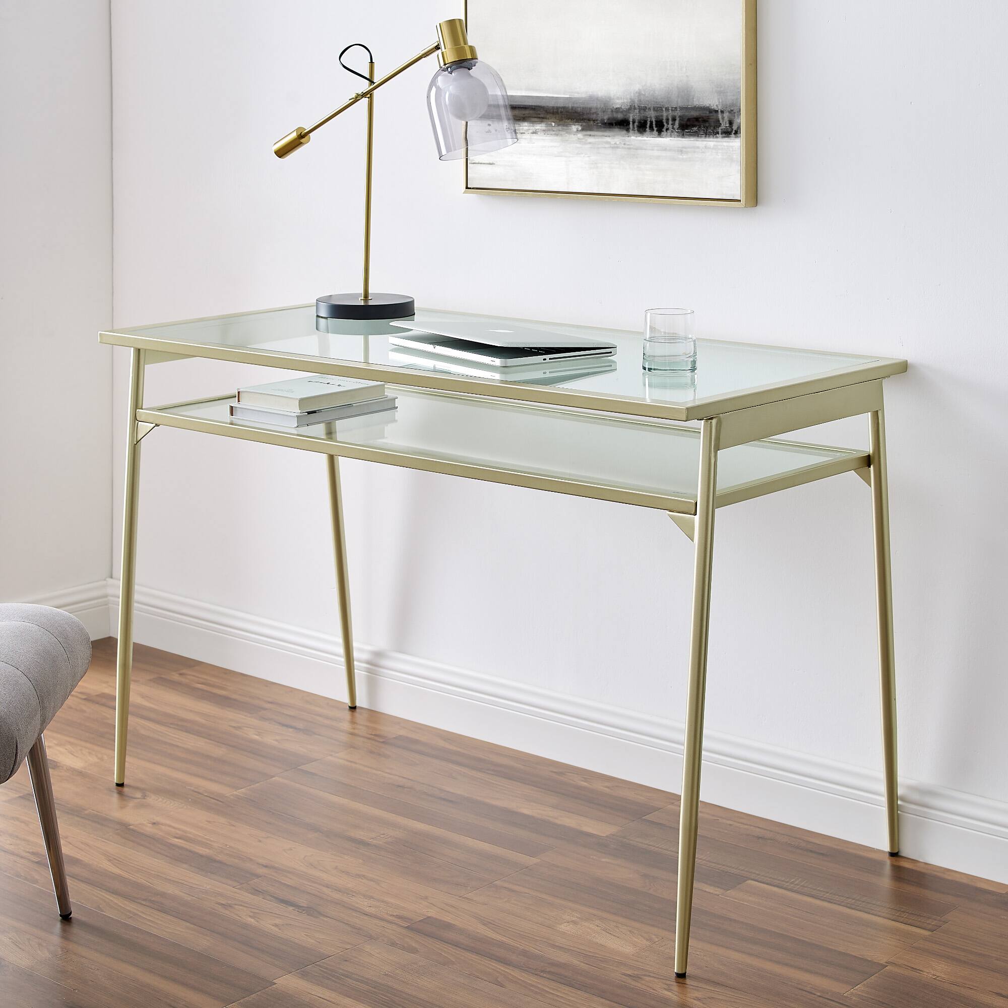 Walker Edison 48" Gold Two Tier Glass & Metal Desk